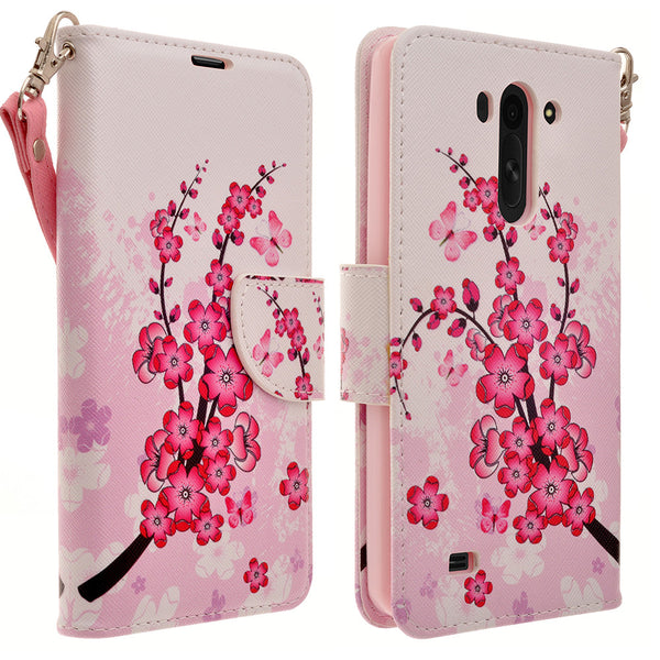 LG G Vista Wallet Case [Card Slots + Money Pocket + Kickstand] and Strap - Cherry Blossom