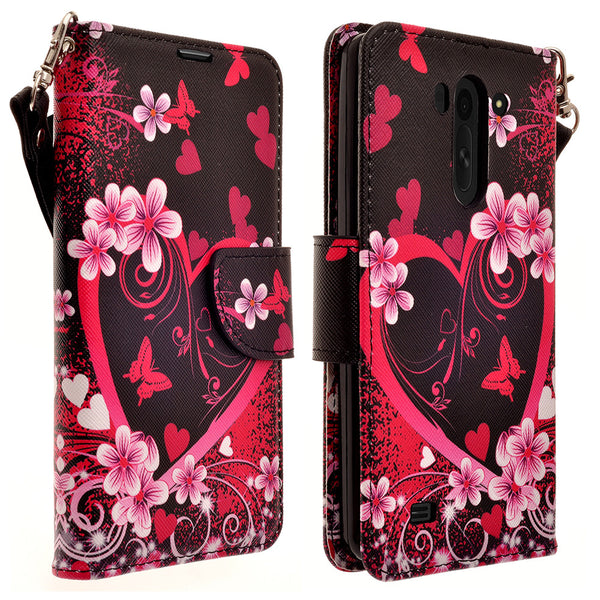 LG G Vista Wallet Case [Card Slots + Money Pocket + Kickstand] and Strap - Heart Butterflies