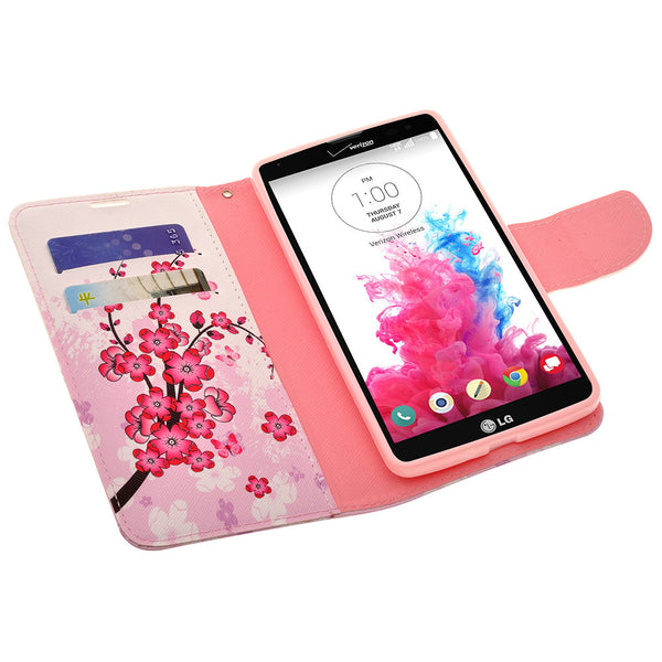 LG G Vista Wallet Case [Card Slots + Money Pocket + Kickstand] and Strap - Cherry Blossom