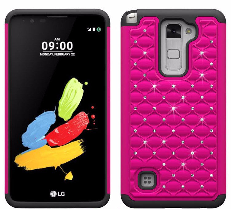 LG Stylo 2 Case, LG Stylo 2 V Diamond Rhinestone Dual Layered Slim Hybrid Case - Hot Pink/Black