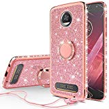 Glitter Cute Phone Case with Kickstand Compatible for Moto Z2 Play Case, Bling Diamond Rhinestone Bumper Ring Stand Sparkly Clear Thin Soft Protective for Girls Women - Rose Gold