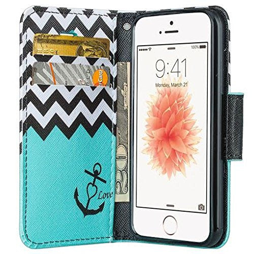 apple iphone SE 5S 5 leather wallet case - teal anchor - www.coverlabusa.com