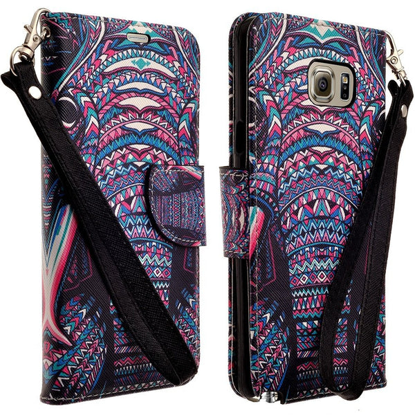 Galaxy Note 5 Case, Wrist Strap Magnetic Fold[Kickstand] Pu Leather Wallet Case with ID & Credit Card Slots for Samsung Galaxy Note 5 - Tribal Elephant