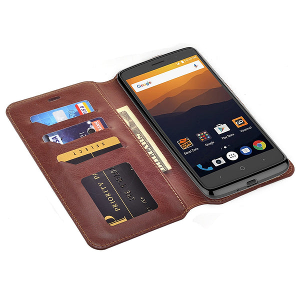 ZTE Max XL, ZTE Blade Max 3, ZTE Max Blue Case, Pu Leather Magnetic Fold[Kickstand] Wallet Cover with Card Slots - Brown