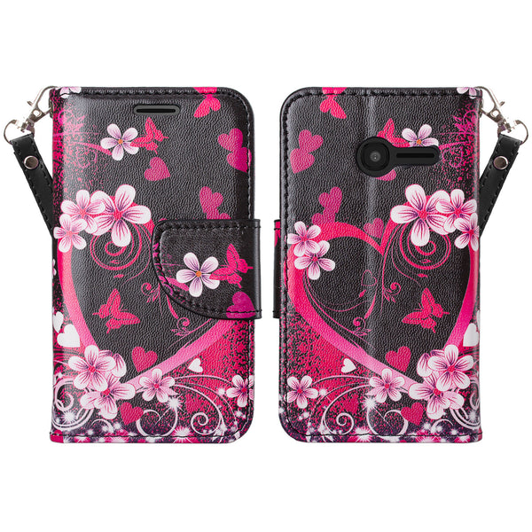 Alcatel Onetouch Pixi Plusar Pu leather wallet case - heart butterflies - www.coverlabusa.com