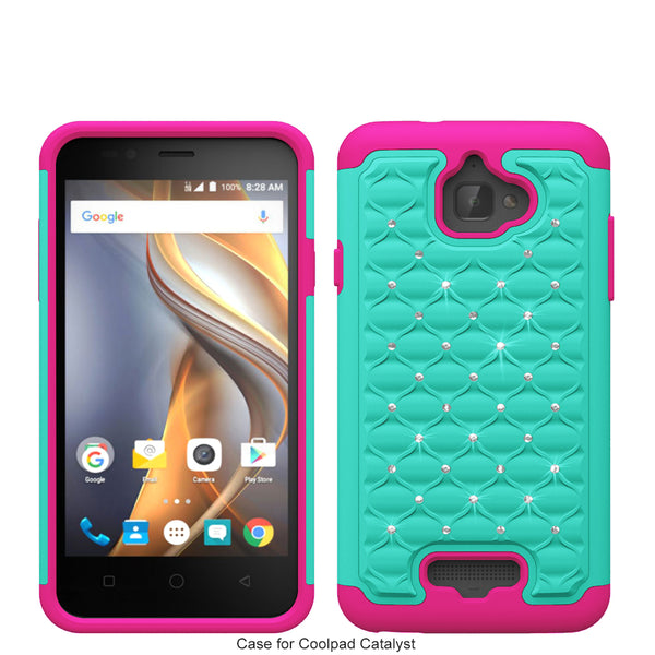 coolpad catalyst case cover - rhinestone teal/hot pink - www.coverlabusa.com