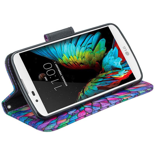 LG K7 / Tribute 5 / Treasure Wallet Case, Wrist Strap [Kickstand] Pu Leather Wallet Case with ID & Credit Card Slots - Rainbow