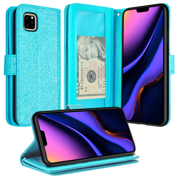 apple iphone 11 pro max glitter wallet case - teal - www.coverlabusa.com