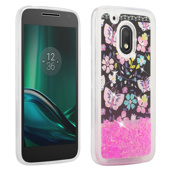moto g4 play liquid sparkle quicksand case - pink butterfly - www.coverlabusa.com