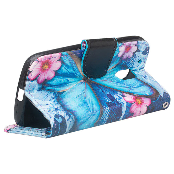motorola moto g4 play leather wallet magnetic fold case - blue butterfly - www.coverlabusa.com