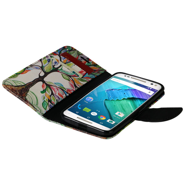 Motorola Moto X Style Wallet Case [Card Slots + Money Pocket + Kickstand] and Strap - Colorful Tree