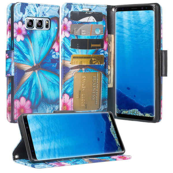 Samsung Galaxy Note 8 Case, Galaxy Note 8 Wallet Case, Slim Flip Folio [Kickstand] Pu Leather Wallet Case with ID & Card Slots & Pocket + Wrist Strap - Blue Butterfly