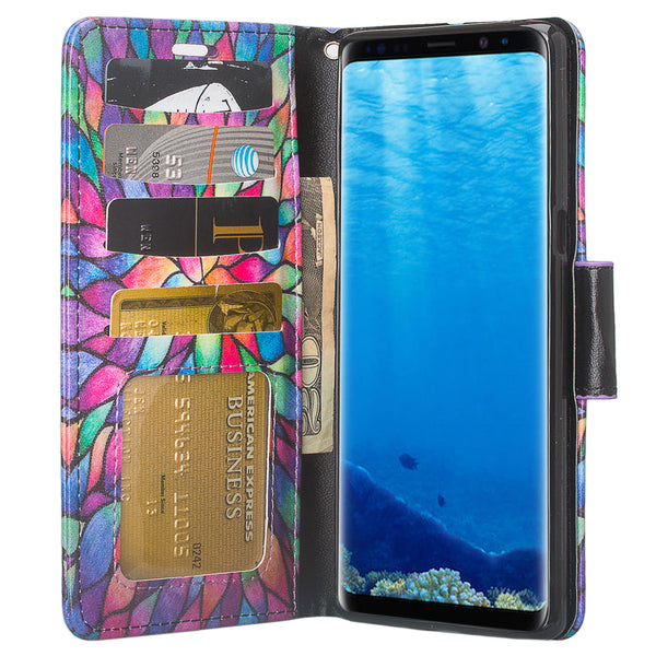 Samsung Galaxy Note 8 Case, Galaxy Note 8 Wallet Case, Slim Flip Folio [Kickstand] Pu Leather Wallet Case with ID & Card Slots & Pocket + Wrist Strap - Rainbow Flower