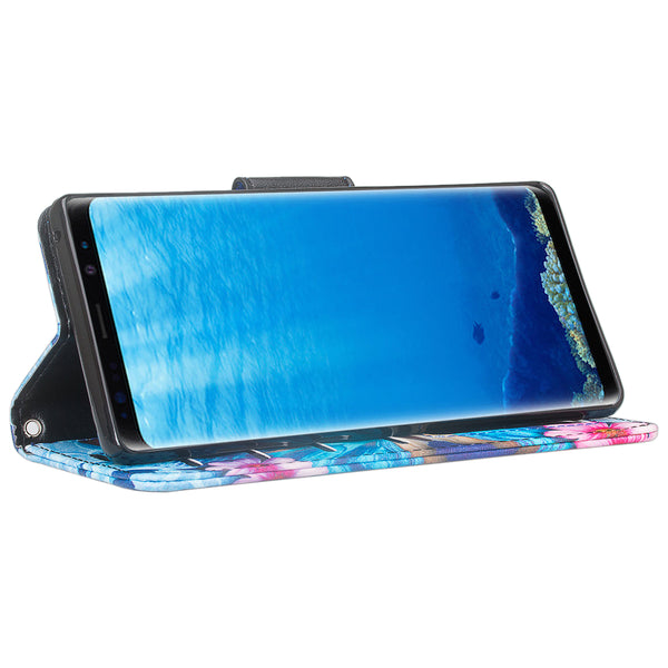 Samsung Galaxy Note 8 Case, Galaxy Note 8 Wallet Case, Slim Flip Folio [Kickstand] Pu Leather Wallet Case with ID & Card Slots & Pocket + Wrist Strap - Blue Butterfly