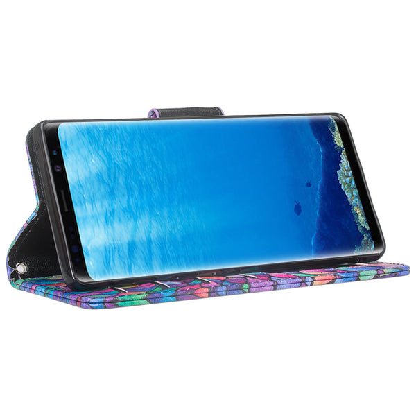 Samsung Galaxy Note 8 Case, Galaxy Note 8 Wallet Case, Slim Flip Folio [Kickstand] Pu Leather Wallet Case with ID & Card Slots & Pocket + Wrist Strap - Rainbow Flower