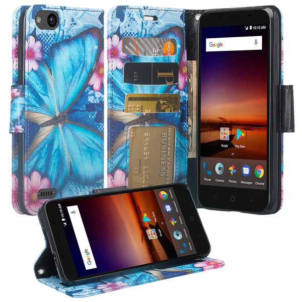 ZTE Blade Force Wallet Case [Card Slots + Money Pocket + Kickstand] and Strap - Blue Butterfly